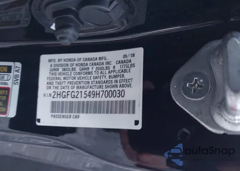 2009 Honda Civic Si z USA, uszkodzony, nr VIN 2HGFG21549H700030